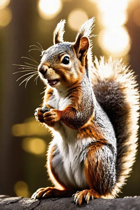 a close up of a squirrel sitting on a rock with its paws up