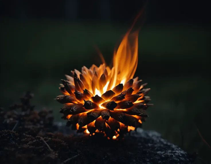 a close up of a pine cone with fire in the middle