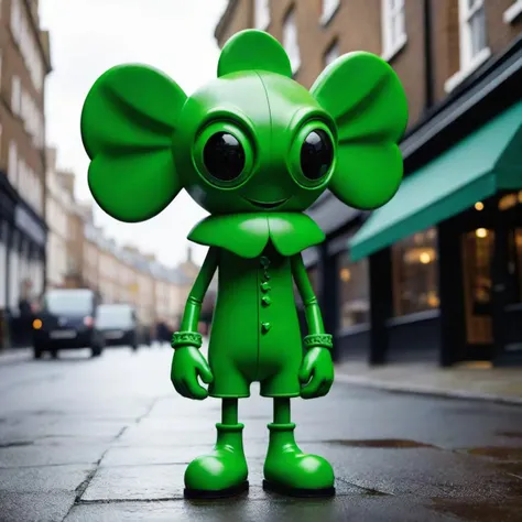 there is a green toy that is standing on the street