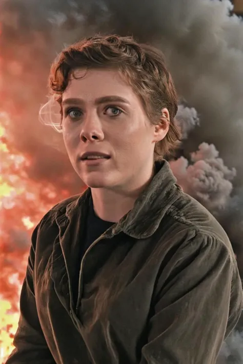 close up portrait of sophialillis in a heart-pounding action sequence where she performs her own stunts as a secret agent, explosion, smoke, shrapnel <lora:Sophia_Lillis-000016:1>