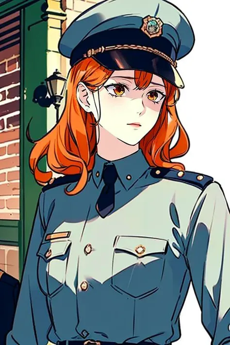 masterpiece, high quality,  <lora:Ginger:1>, Ginger, 1girl, solo, solo focus, long hair, upper body, policewoman, police hat,