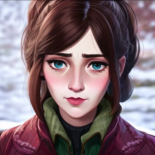 a portrait of a woman in snow, blush face