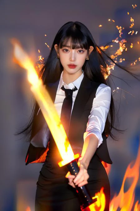 a woman in a black suit holding a sword in front of a fire