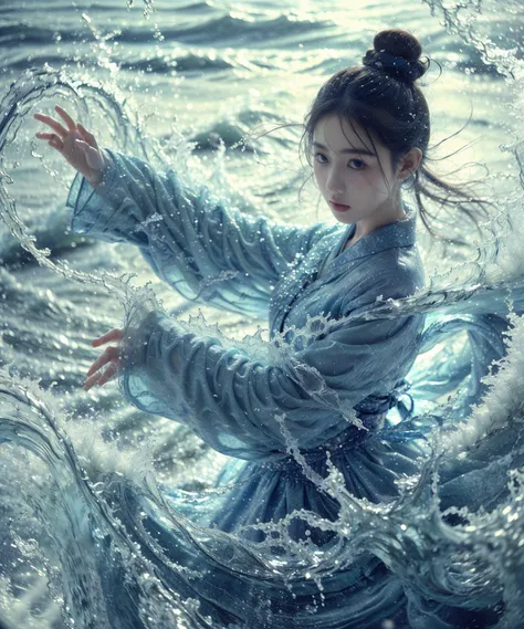 a close up of a woman in a blue dress in the water