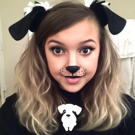 arafed girl with a black shirt and a white dog tie