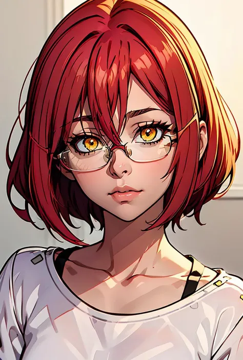 (masterpiece, best quality), 1girl,  <lora:gowther:0.8> gowther, gowcos, white shirt, yellow eyes, pink hair, semi-rimless eyewe...