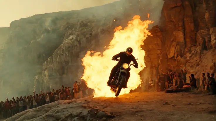 arafed motorcycle rider riding through a fire in front of a crowd