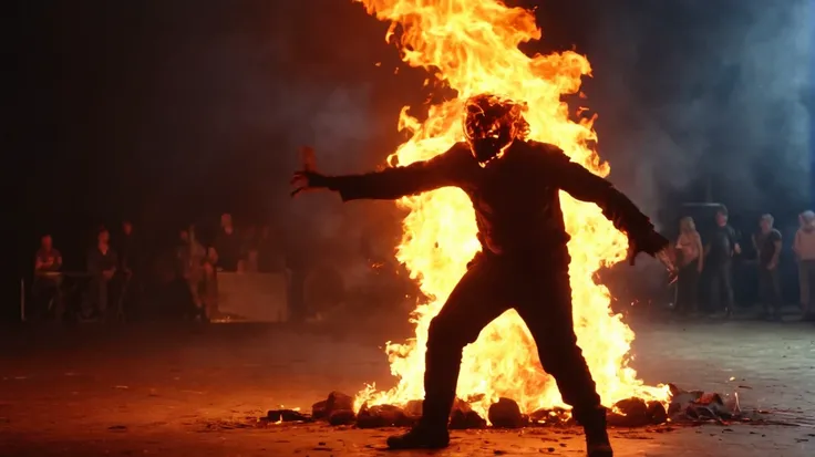 araffes in a black jacket is standing in front of a fire