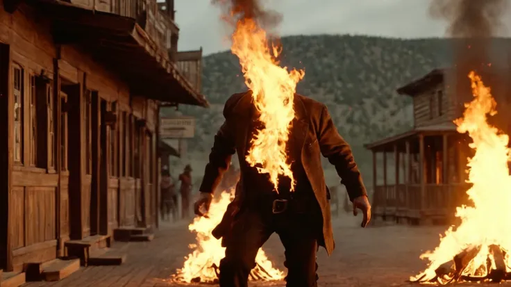 arafed man in a cowboy outfit walking through a street with fire