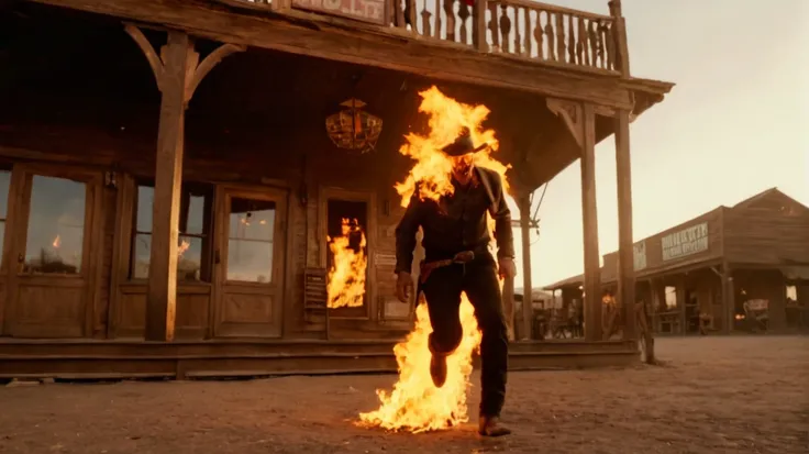 cinematic Film Still  (immolation:1.4) burning cowboy running out of a western saloon  <lora:immolation-lightWeight:1>, wide angle lens, seen from below, dutch angle, outside scene, golden hour