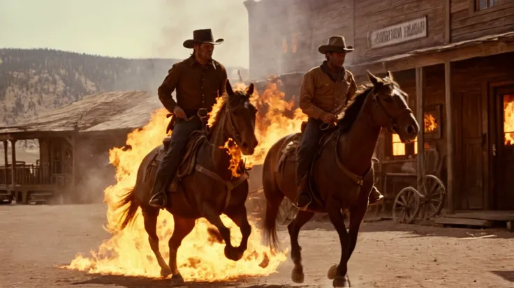 cowboys on horses running in front of a burning building