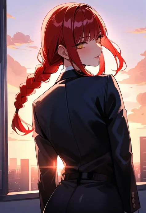 a woman with red hair standing in front of a window