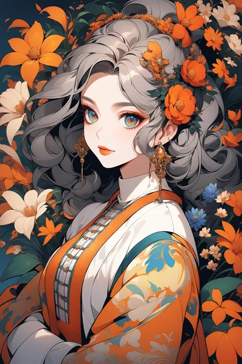 a woman with long hair and flowers in her hair