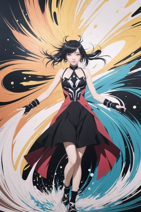 Anime, Action painting, Color theory [,fierce:15] [,maximalism:10] [,dissolving in to paint splashes :10] [,glitch:10 ] [,white :7] [,marker art:10] [,1 girl]