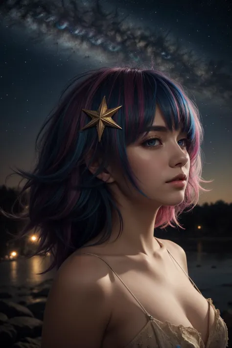 realistic,best quality,(masterpiece:1.2),absurdres,highly detailed,1girl,stars in the eyes, messy floating hair, colored inner hair, Starry sky adorns hair, depth of field,