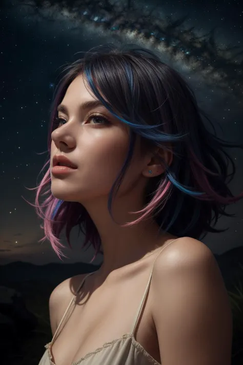 realistic,best quality,(masterpiece:1.2),absurdres,highly detailed,1girl,stars in the eyes, messy floating hair, colored inner hair, Starry sky adorns hair, depth of field,