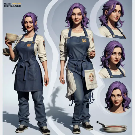 (Game character profile), the character is named "FCK" and has a rank in Blade Runner, the character is (wearing a red and black apron), casual outfit, ((holding up a ceramic plate)), evil smile, purple hair, denim pant,  facing the viewer, the image also ...