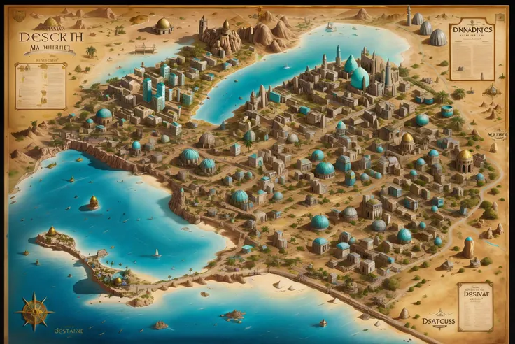 painting of a city map, colourful, detailed, small buildings, deserts, rocky, hills, turquoise sea, farmland, oasis, minarets, small domes, palm trees, small scale <lora:CityLora:0.6>, <lora:Magical_Parchment:0.6>