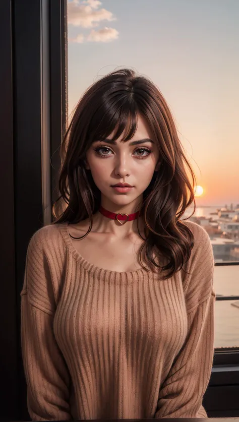 1 young cute iranian girl,very slim,skinny,redhead,rouge,red neck lace choker,cateyes makeup,colorful,oversize knit jumper,softcore,warm lighting,cosy atmosphere,Instagram style,red theme,upper body shot,(cinematic, black and red:0.85),(sunset beautiful ba...