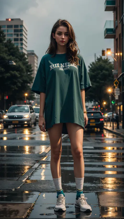 (full body shot) 22 year old woman,(getting rained on),(standing in the rain),long golden brown hair,green eyes,((wearing an oversized shirt, socks with high--tops)),(best quality, masterpiece:1.2),(photo-realistic),cute,cityscape,night,lots of rain,wet,