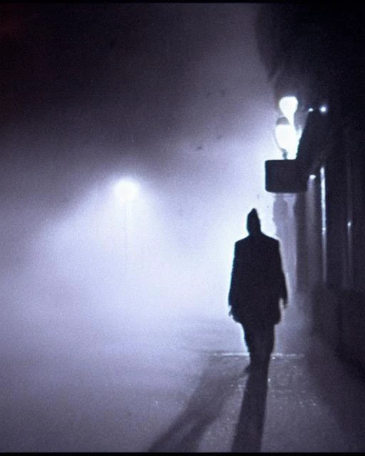 arafed man walking down a street in the fog at night