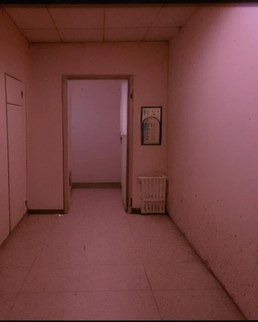 there is a hallway with a door and a radiator in it