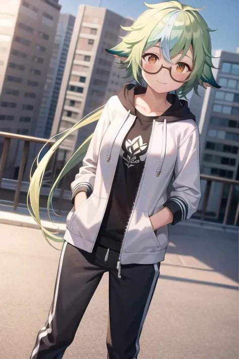 a woman with green hair and glasses standing in front of a building