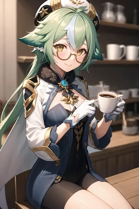 a woman with green hair and glasses holding a cup of coffee