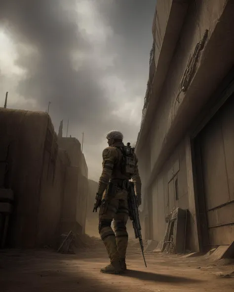 a soldier walks through a deserted street in a desert town