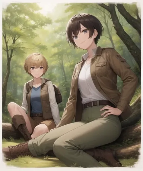 ((best quality)), best anatomy, (epic detail), two tomboys camping in the woods, sitting on log, pixie cut, jacket, brown pants,...