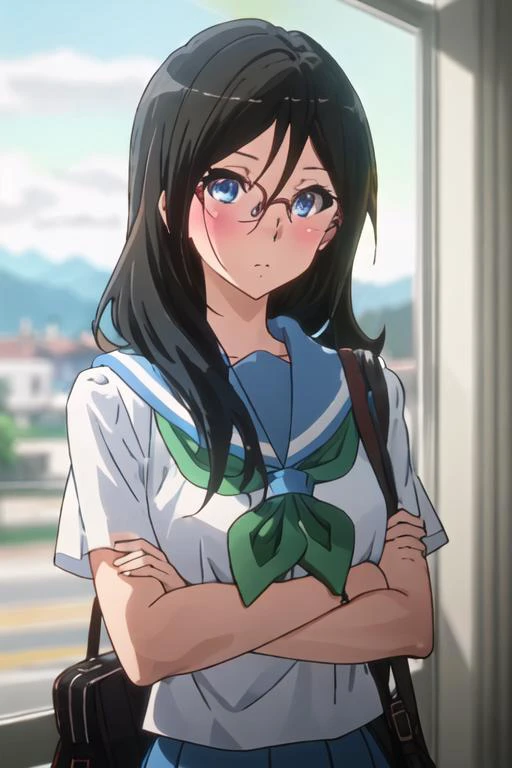 best quality, masterpiece, highres, solo, {tanaka_asuka_soundeuphonium:1.15}, black_hair, long_hair, glasses, blue_eyes, blush, red-framed_eyewear, serafuku, over-rim_eyewear, semi-rimless_eyewear, closed_mouth, hair_between_eyes, 1girl, green_neckerchief,...