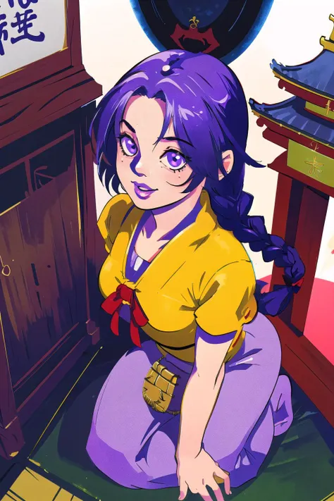 a cartoon image of a woman in a yellow shirt and purple pants