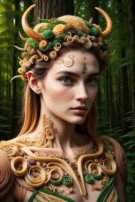 a woman with horns and a green dress in the woods