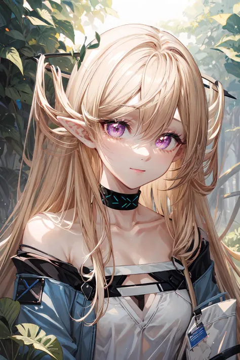 anime girl with long blonde hair and purple eyes in a forest