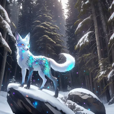 picture of mythical graceful fox spirit with shiny iridescent scales glowing eyes looking at viewer on rock snowy forest in background <lora:ST BOD Scales_v3_E3R4:1>, masterpiece, best quality, high quality, highres, ultra-detailed