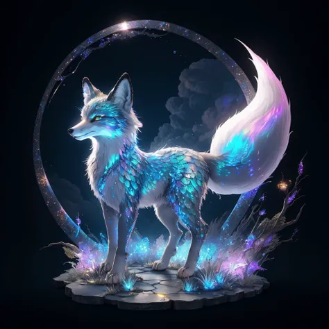 picture of cloudy sky with mythical fox spirit with shiny iridescent scales <lora:ST BOD Scales_v3_E3R4:0.8>, masterpiece, best quality, high quality, highres, ultra-detailed