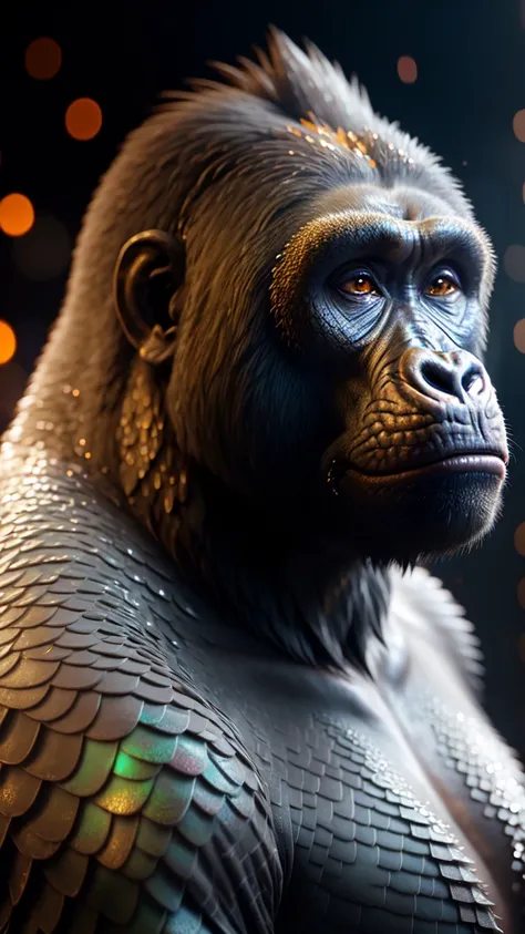 (masterpiece, best quality:1.1), (scales:1.1), animal, solo, (silverback gorilla:1.05), serious, looking at viewer, depth of field, bokeh, dark