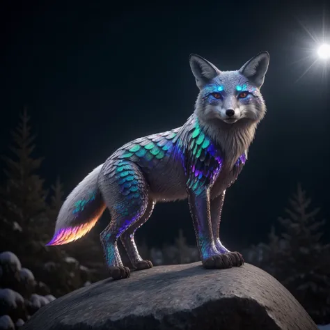 picture of mythical fox spirit with shiny iridescent scales glowing eyes looking at viewer on rock snowy forest in background <lora:ST BOD Scales_v3_E3R4:1>, masterpiece, best quality, high quality, highres, ultra-detailed