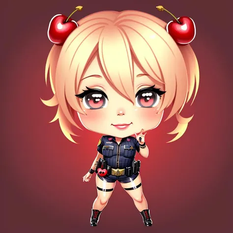 chibi emote, night time, cherry-blonde, police woman, glossy, short shorts , seductive smile, high quality photograph, bellyful face, realistic, happy, full body,  dimly lit, looking at viewer, chibi emote,  <lyco:chibi-anything-v5-PrtRE:1.0>