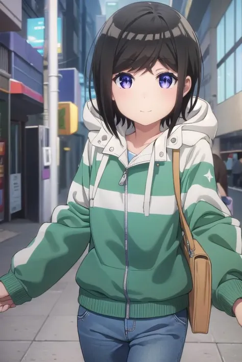 chihirohashima, <lora:chihiro hashima s1-lora-nochekaiser:1>,
chihiro hashima, short hair, black hair, (purple eyes:1.1), smile,
BREAK jacket, pants, hood, hoodie, denim, jeans,
BREAK indoors,
BREAK looking at viewer, (cowboy shot:1.5),
BREAK <lyco:GoodHan...