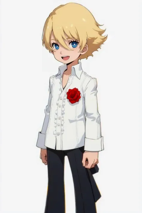 masterpiece, best quality, solo, 1boy, looking at viewer, :d,  <lora:zs_Teddie:1>, teddiep4, blonde hair, white shirt, red rose, black pants,   <lora:P5-tactica_Fp:1>, simple background, standing,