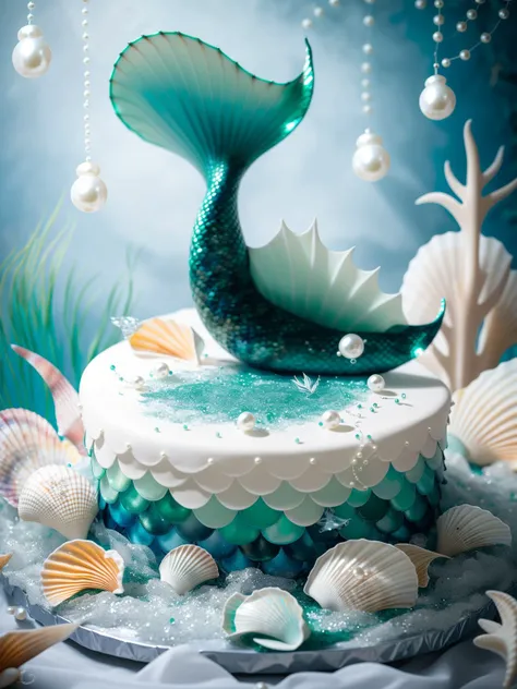 masterpiece, , high quality, A mermaid cake,blue emerald green, pearls and shells,  clean background <lora:J_cake2:0.6>