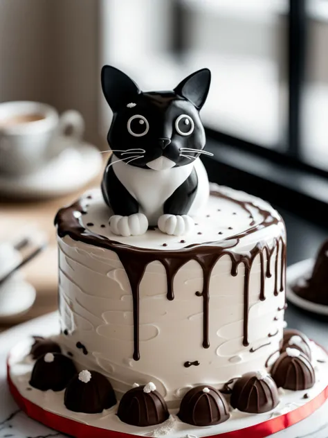 masterpiece, , high quality, a black and white cat cake, cream, chocolate,   <lora:J_cake2:0.8>