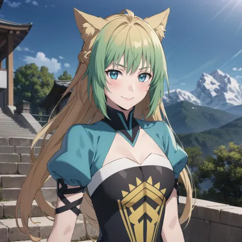 1girl, solo,atalantadef,  <lora:atalanta2-000007:1>,standing, upper body, smile, blush, outdoors, day, simple background, blue sky, sky, temple, looking at viewer, stairs, mountain, moody lighting, facing viewer, cleavage, cleavage cutout,(Upper_body),(Foc...