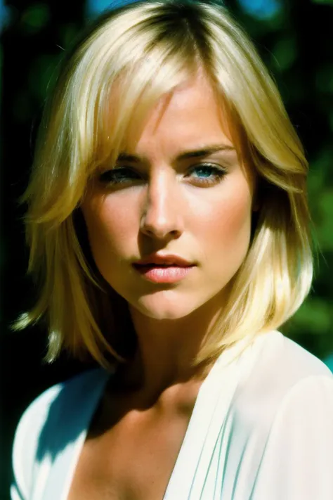 a close up of a woman with blonde hair and a white shirt