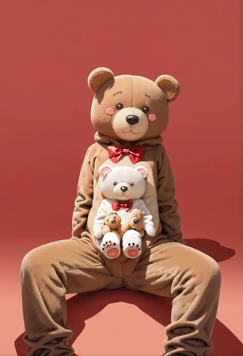 araffe sitting on a red surface with two teddy bears