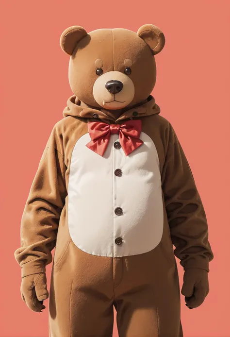 araffe dressed in a bear costume standing on a pink background