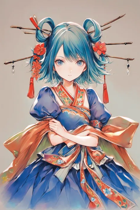 1girl,solo,kaku seiga,blue hair,dress,hair ornament,shawl,hair rings,hair stick,blue eyes,flower,puffy sleeves,white background,short hair,short sleeves,simple background,blue dress,puffy short sleeves,hagoromo,crossed arms,traditional media,<lora:Yogisya_...