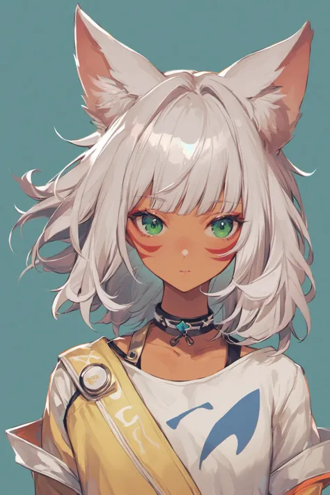 1girl,solo,yshtola rhul,miqote,animal ears,white hair,cat ears,short hair,facial mark,green eyes,upper body,bangs,<lora:Yogisya_XL:0.8>,