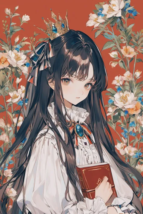 1girl,crown,long hair,brooch,shirt,ribbon,book,jewelry,solo,holding,frills,flower,striped,holding book,black hair,looking at viewer,white shirt,upper body,<lora:Yogisya_XL:0.8>,